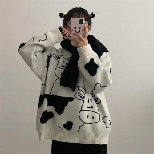 Womens Autumn And Winter Vintage Cow Jacquard Sweater Girl Student Round Neck Korean Loose Thin Sweaters Female Pullover Tops