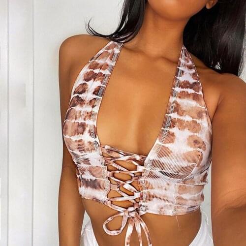 Womens Halter Crop Tank Tops Sexy Sleeveless Criss Cross Lace Up Tie Dye Camisole Summer V-neck Backless Vest Streetwear