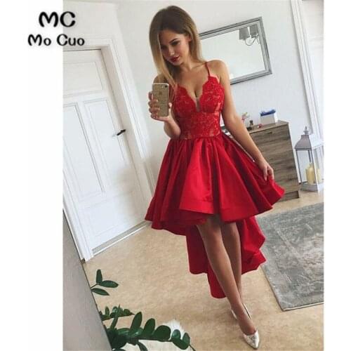 2019 Elegant Hi Lo Gown Red Prom dresses Long Deep V-Neck Spaghetti Straps dress for graduation Evening Prom Dress