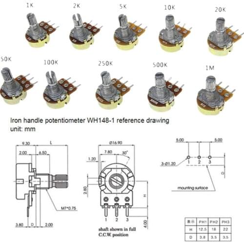 10pcs WH148 Linear Potentiometer 15mm Shaft With Nuts And Washers 3pin WH148 B1K B2K B5K B10K B20K B50K B100K B250K B500K B1M