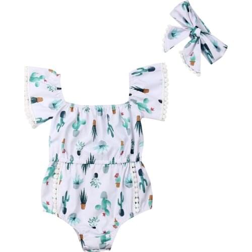 2019 Hot Sale Baby Clothes 2PCS Newborn Kids Baby Girls cactus Print Romper Headband Outfits Sunsuit