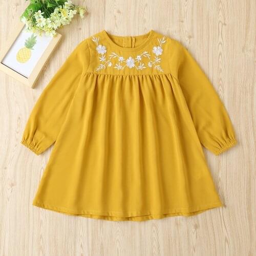 2020 Cute Baby Girls Dress Autumn Winter Yellow Long Sleeve Round Neck Children Girl Loose Dresses For Girls 2-6Years