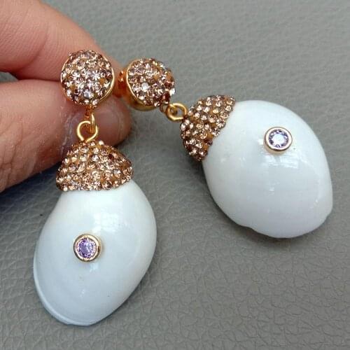 20x32MM Natural White Shell Lavender drop Cubic Zirconia micro pave Stud Earrings cute style for women