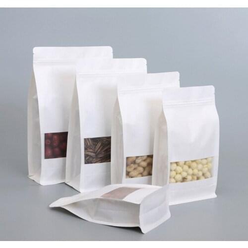 50pcs/lot White Kraft Paper Bag With Window For Gifts/Wedding/Candy/Tea Bags Stand Up Ziplock Packing Bag Customizable logo