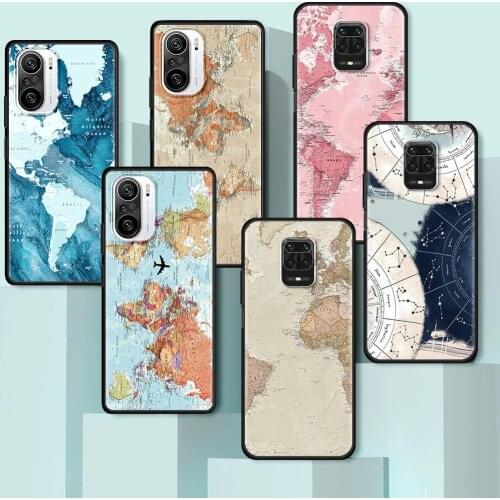 World Map Travel Case for Xiaomi Redmi Note 9S 9 8 Pro 10 8T 7 9C 9A 8A 7A K40 Black Ultrathin Soft Luxury Phone Cover Coque