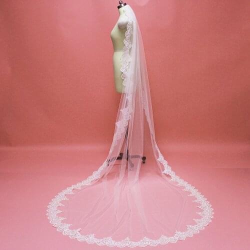 Real Photos Bling Sequins Lace Cathedral Wedding Veil with Comb 1 Layer 3 Meters White Ivory Bridal Veil Wedding Accessories