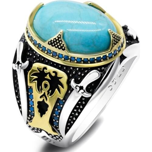Islamic Men Ring with Natural Turquoise 925 Sterling Silver Muslim Blue Gem Stone Double Swords Rings Punk Turkish Jewelry Gift