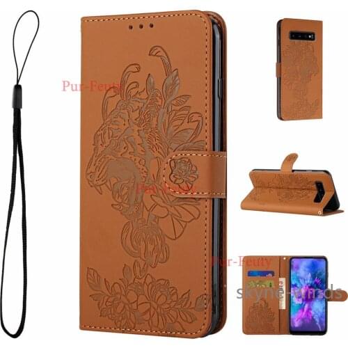 Flip wallet stand phone holder leather case for Samsung Galaxy S10 Plus tiger embossing cover for SM S10Plus coque fundas casing