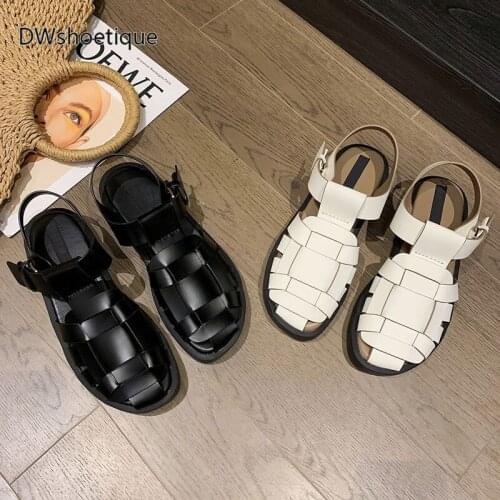 Summer women flat sandals genuine leather round toe fashion moven shoes for ladies outdoor