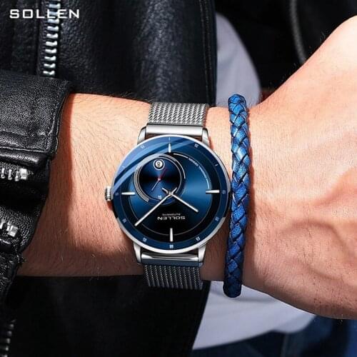 SOLLEN Men Mechanical Watch Second Sub Dial Ultra-thin Analog Mesh Band Wristwatch Luminous Hand Date Automatic Watch