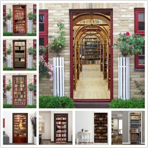 Retro Bookcase Sticker On The Door House Renovation Wallpaper Library Study Room Decoration Removable Poster 33.46 x 84.65 inch