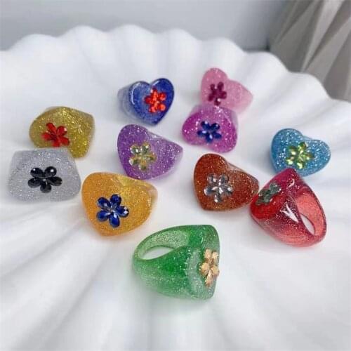 Resin Transparent Geometric Candy Colors Rings Women Vintage 2021 Love Flowers Ring Female Girl Fashion Casual Finger Jewelry