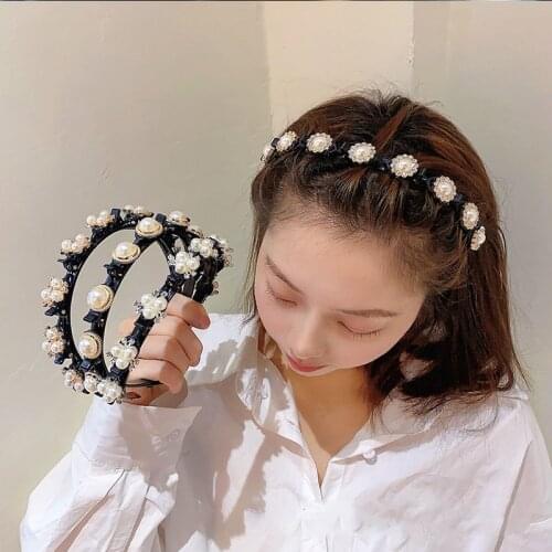 2021 Imitation Pearl Rhinestone Hairbands For Women Fashion Braided Bangs Hairstyle Clip Hair Accessories Girl Non-slip Headband