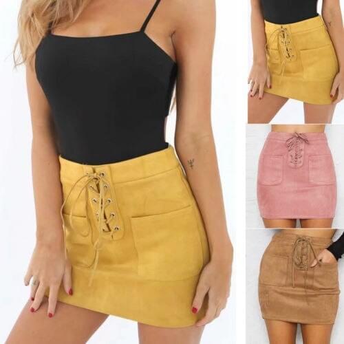 Sexy Womens Leather Suede Lace Up Bandage Skirts Sundress Party Club High Waist Party Pencil Short Mini Skirt Sunsuit Clothes