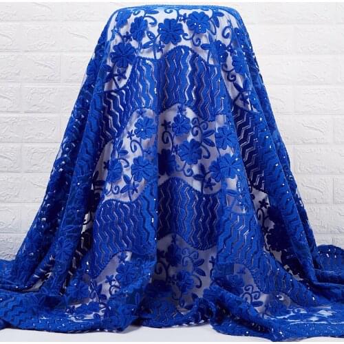 SJD LACE Royal Blue Bridal French Laces African Sewing Tulle Lace Fabric With Sequins 5Yards Milk Silk For Wedding Dress A2458