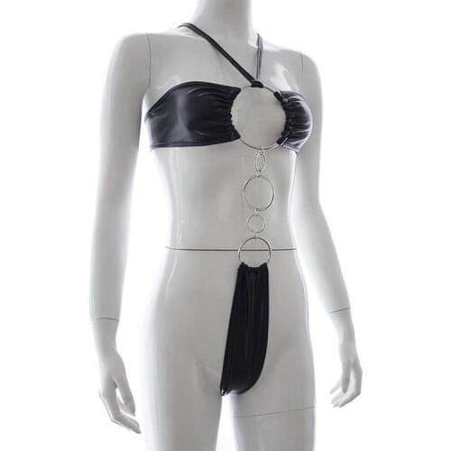 Sexy Lingerie Black Wet Look Body Harness Teddy with Leather Bra and G-String Connected by Rings Pole Dance Costume