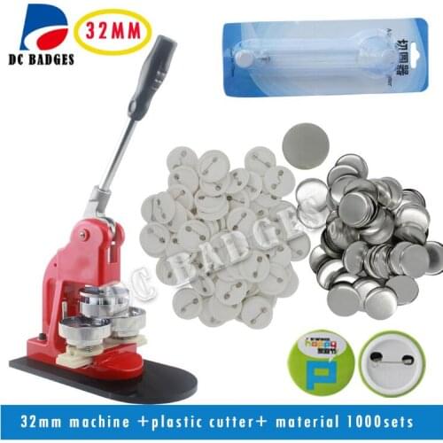 32mm Badge Button Machine + Adjust Circle Cutter+1,000 Plastic Pin Badge Material