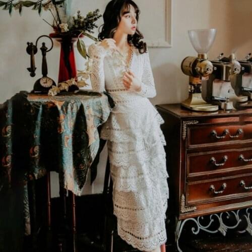 High Quality Best-selling Elegant Party Queen 2021 New Arrival V Collar Collect Waist Lace Woman Long Dress White DA779