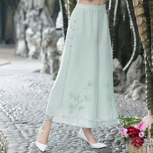 Chinese Style WomenS Pants 2021 New Summer Chiffon Hippie Ethnic Loose Elegant Femme Pantalon Hanfu Loose Wide Leg Pants 12396