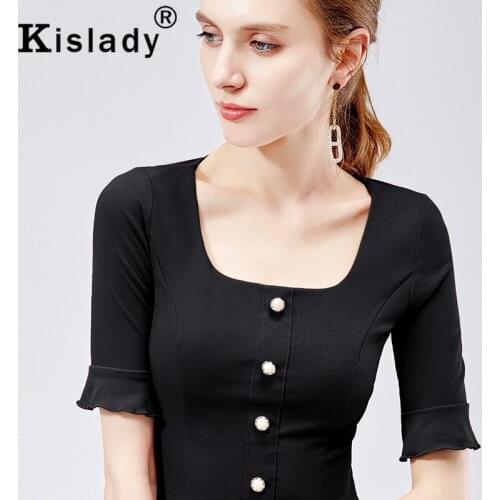 Kislady 2020 Autumn Womens Flare Sleeve Temperament T-shirts Square Collar Button Slim OL Female Tops Harajuku Korean Clothes