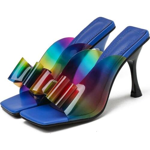 Womens Square Peep Toe Clear Transparent BowKnot Sandals Slippers Mules Shoes High Heel Slingbacks New 2021