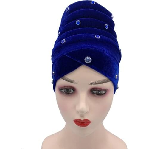 Diamonds African Aso Oke Headtie Women Velvet Turban Bonnet Muslim Head Wraps Islamic Turban Femme Musulman Headscarf Hat