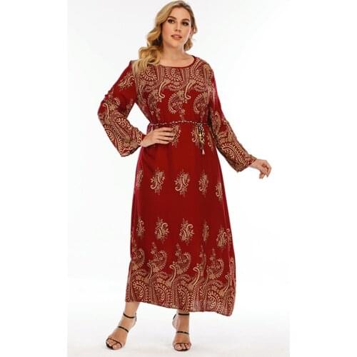 DOIB Women Red Floral Print Dress Plus Size Long Sleeve Dress 2021 Summer Casual Dress
