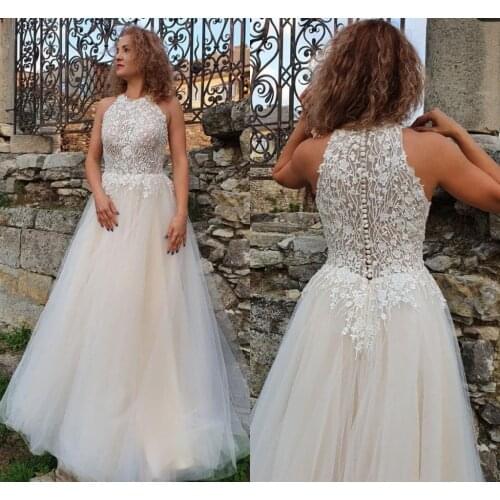 Civil Wedding Dress Floor Length Halter Lace Appliques Tulle A-Line Women bridal Gowns Stunning Vintage Cheap Simple Lady