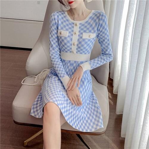 New Elegant Womens Autumn Winter Sweater Knitted Dresses Women Hit Color Plaid Long Sleeve A-Line Dress