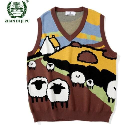 Hip Hop Men Sleeveless Knitted Sweaters Vest Vintage Cartoon Jacquard Patch Color Loose V-neck Casual Pullover Vest Couples Tops