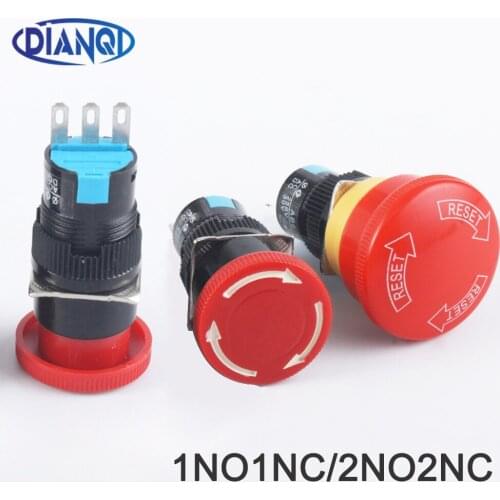 5pcs Red Plastic Mushroom Emergency Stop Push button Switch 16mm Mounting Hole 1NO1NC 2NO2NC Latching lock E-stop Rotary Switch