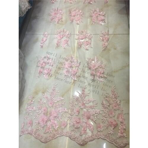 5YARDS htt011# new arrive pink/yellow pearls 3d flower best quality embroidery tulle mesh lace fabric for wedding party /sawing