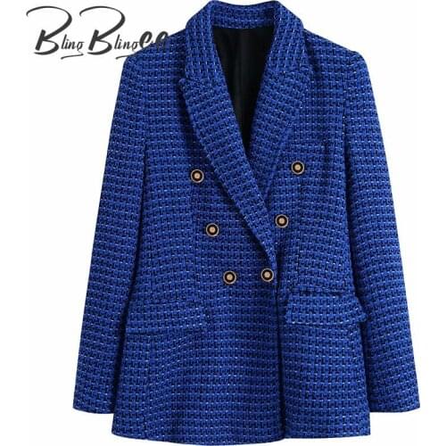 BlingBlingee Za 2021 Autumn Winter Woman Traf Coats Thick Tweed Woolen Jacket Double Breasted Female Casual Plaid Long Blazers