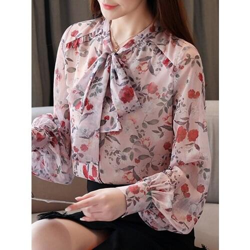 Blusas Mujer De Moda 2021 Women Blouses Shirts Bow V-neck Print Chiffon Blouse Shirt Women Tops Long Sleeve Blouse Women C474