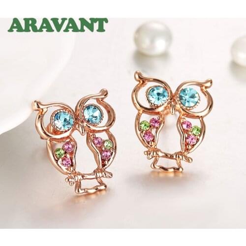 Bohemia Austria Crystal Rose Gold Owl Stud Earrings For Women Girls Animal Statement Earrings Jewelry