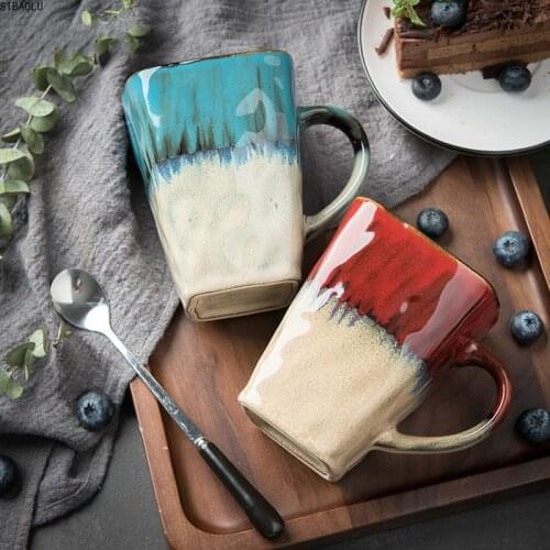 High-capacity 420ml Chinese Retro Style Color Glaze Square Ceramic Mug Porcelain Coffee Mugs Creative Tea Cup