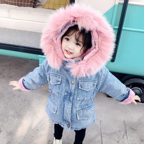 2019 Winter Girls Jackets Fur Hooded Warm Childrens Denim Coats Cotton Fleece Jeans Kids Outerwear Thick Baby Snowsuits Clothes