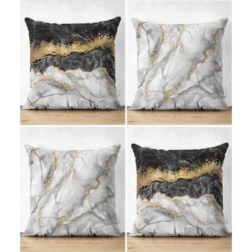 Double Sided Black Silver Color Marble Pattern 4-Piece Suede Pillow Cushion Cover Set 43x43cm