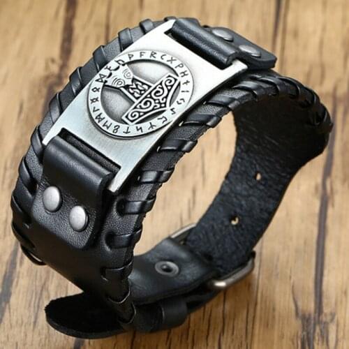 European And American Fashion Jewelry Leather Adjustable Bracelet Curved Brand Viking Thors Hammer Symbol Bracelet For Men