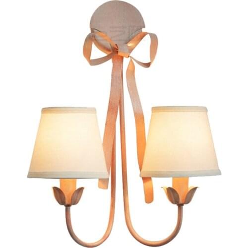 European Iron Art Pink Bow Princess Wall Lamps Bedroom Study Table Girl American-style Living Room Wall Lights Fixtures Lighting
