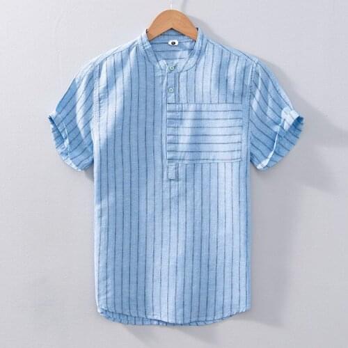 L868 Summer Irregular Stripe Shirt Men Simple Fresh Comfortable Youth Student Stand Collar Color Match Slim Fit Short Sleeve Top