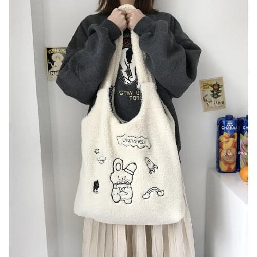 Cute Soft Plush Women Handbag Faux Lamb Wool Ladies Shoulder Messenger Bags Large Capacity Girls Student Casual Tote