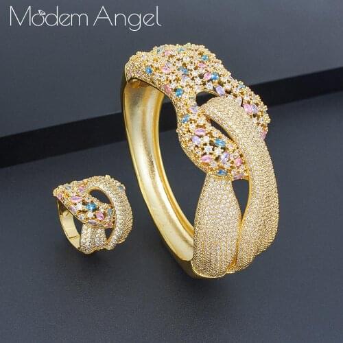 ModemAngel Trendy Luxury Disco Stackable Jewelry Set For Women Wedding AAA Cubic Zircon Dubai Bracelet Party Bangle Rings
