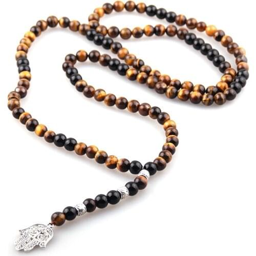 Fashion Bohemian Tribal Jewelry Semi Precious Stones Tiger Eye Stone Fatimas Hand charm Pendant Necklace Lariat Necklaces