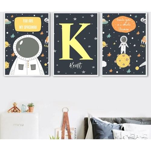 Custom Kids Name Wall Art Poster Print Space Astronaut Planets Rocket UFO Quotes Canvas Painting Pictures Baby Bedroom Decor