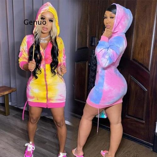 Autumn Tie Dye Print Hooded Zipper Women Dress Casual Streetwear Hoodies Sweatshirts Long Sleeve Dresses 3 Colors