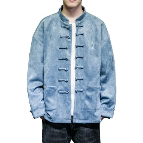 Autumn Winter Chinese Style Mens Clothes Stand Collar High Quality Embroidery Jacket Suede Fabric Coat Han Tang Clothes