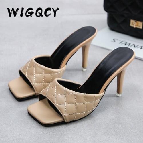 Sexy High Heels Square Head Slipper Summer Shoes Fashion PU Diamond Slip on Square Heels Slides Women Peep Toe Mules Party Shoes