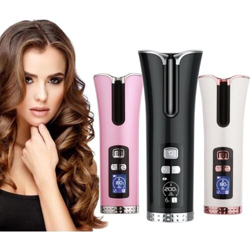 Cordless Automatic Hair Curler Iron Wireless Curling Iron USB Rechargeable Air Curler for Curls Waves LCD Display Ceramic Curly