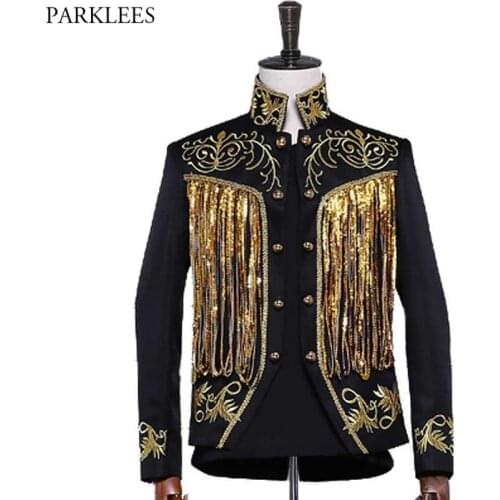 Luxury Tassel Sequins Glitter Blazer Men Stand Collar Double Breasted Steampunk Military Drummer Punk Gothic Parade Jacket Male